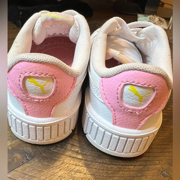 Puma Kids White Sneakers with Pink and Yellow Accents - Picture 5 of 6